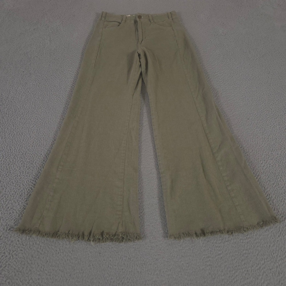 Pilcro Jeans Womens 27 Olive High-Rise Relaxed Flare Linen Blend Raw Hem Boho